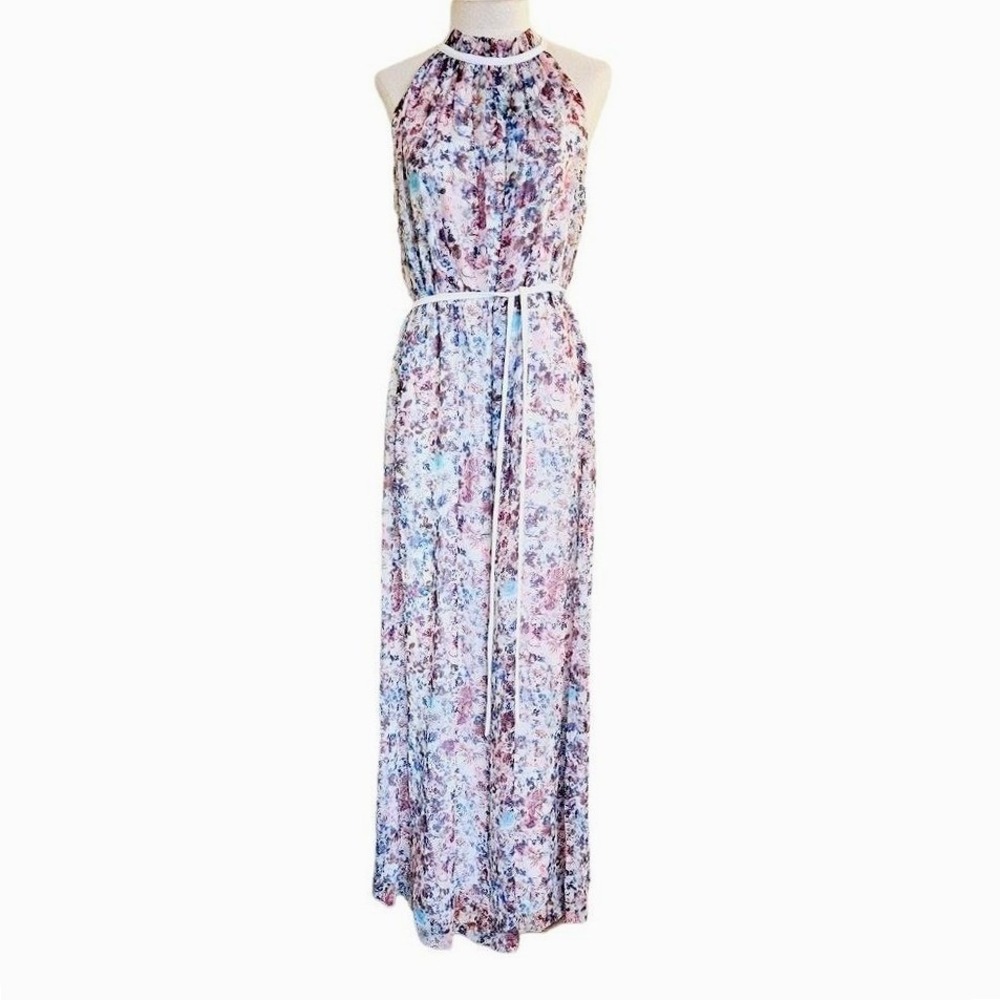 Chetta B Maxi‎ Dress size 10 Watercolor floral print purple blue hues high neck